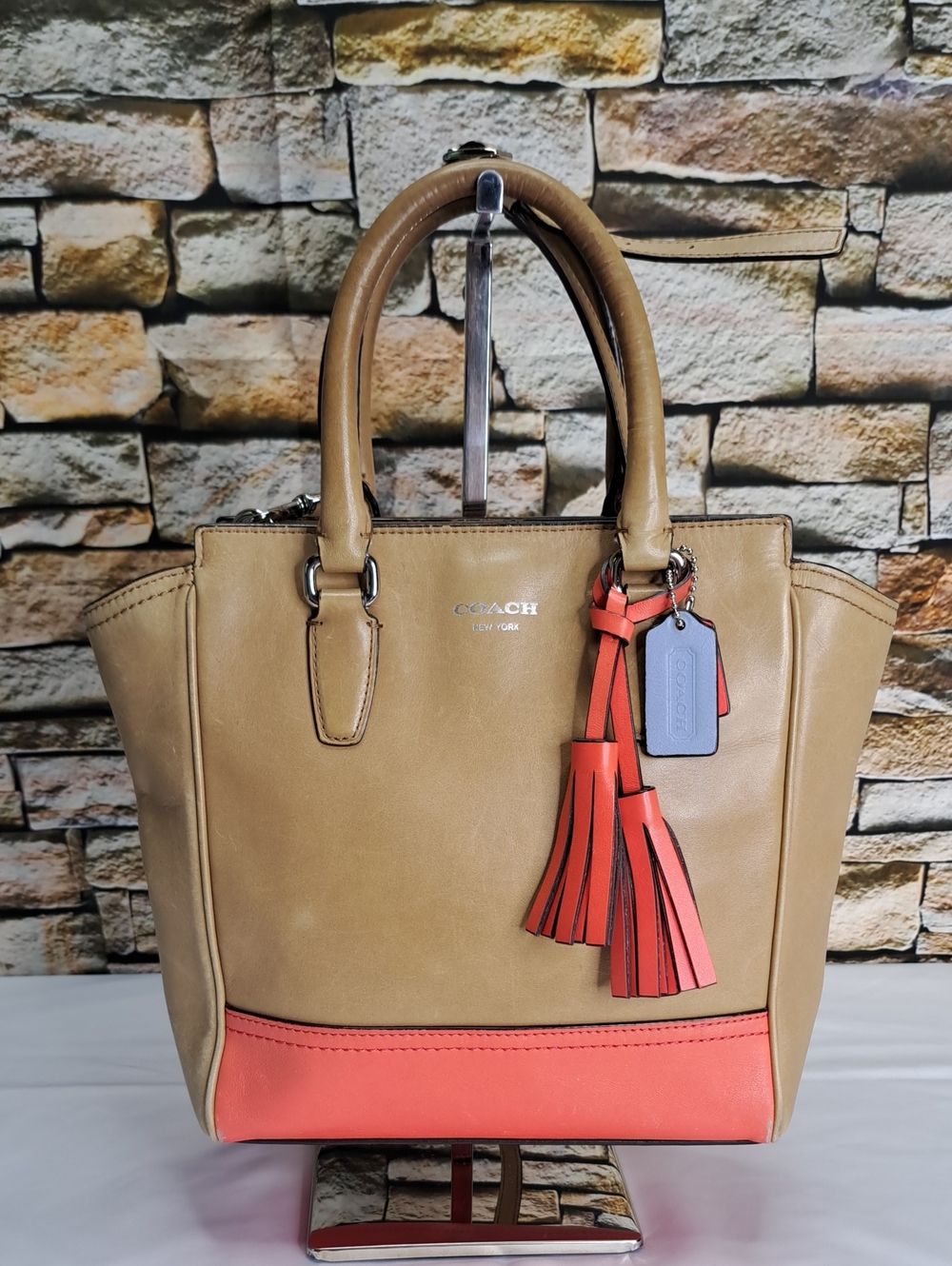 COACH Tan Leather Tote with  Coral Trim and Tassel Crossbody Bag